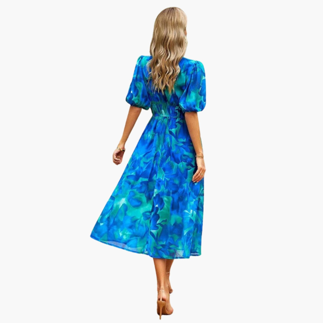 Vestido Floral Mujer con Escote en V y Cintura Elástica