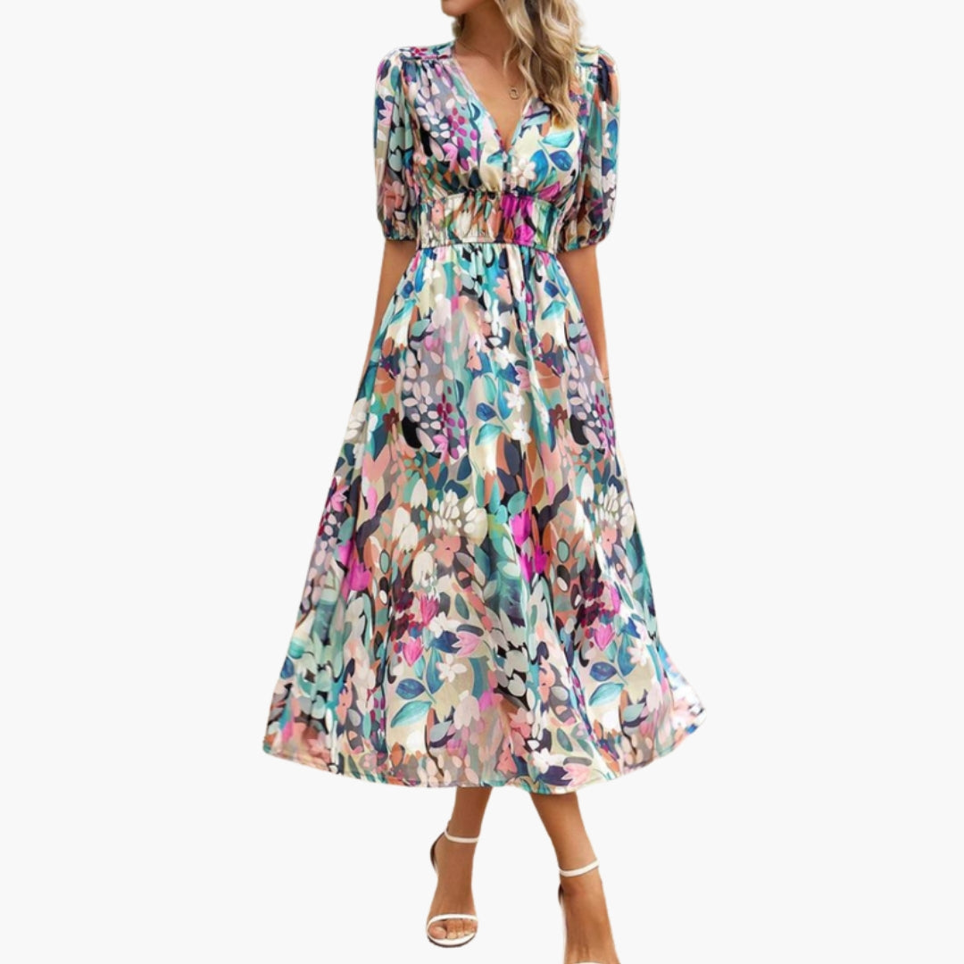 Vestido Floral Mujer con Escote en V y Cintura Elástica