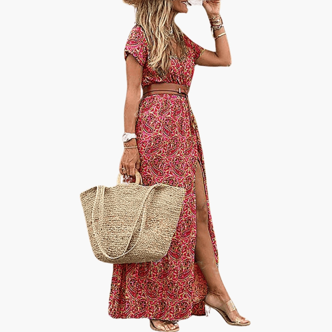 Langes Damenkleid mit V-Ausschnitt und Paisleymuster