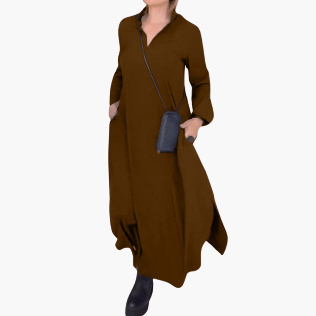 Vestido largo para mujer con cuello alto y bolsillos laterales