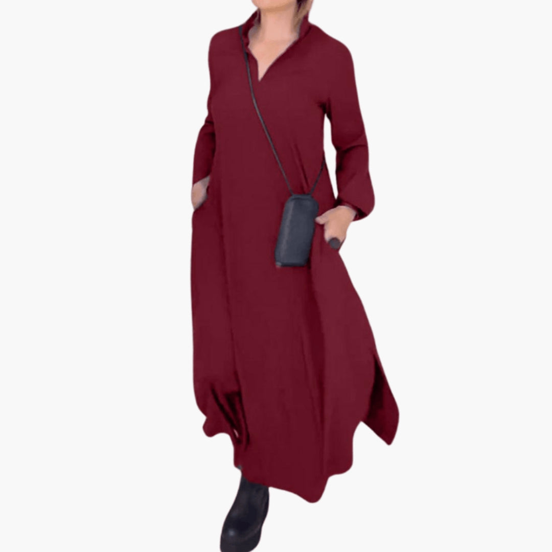 Vestido largo para mujer con cuello alto y bolsillos laterales
