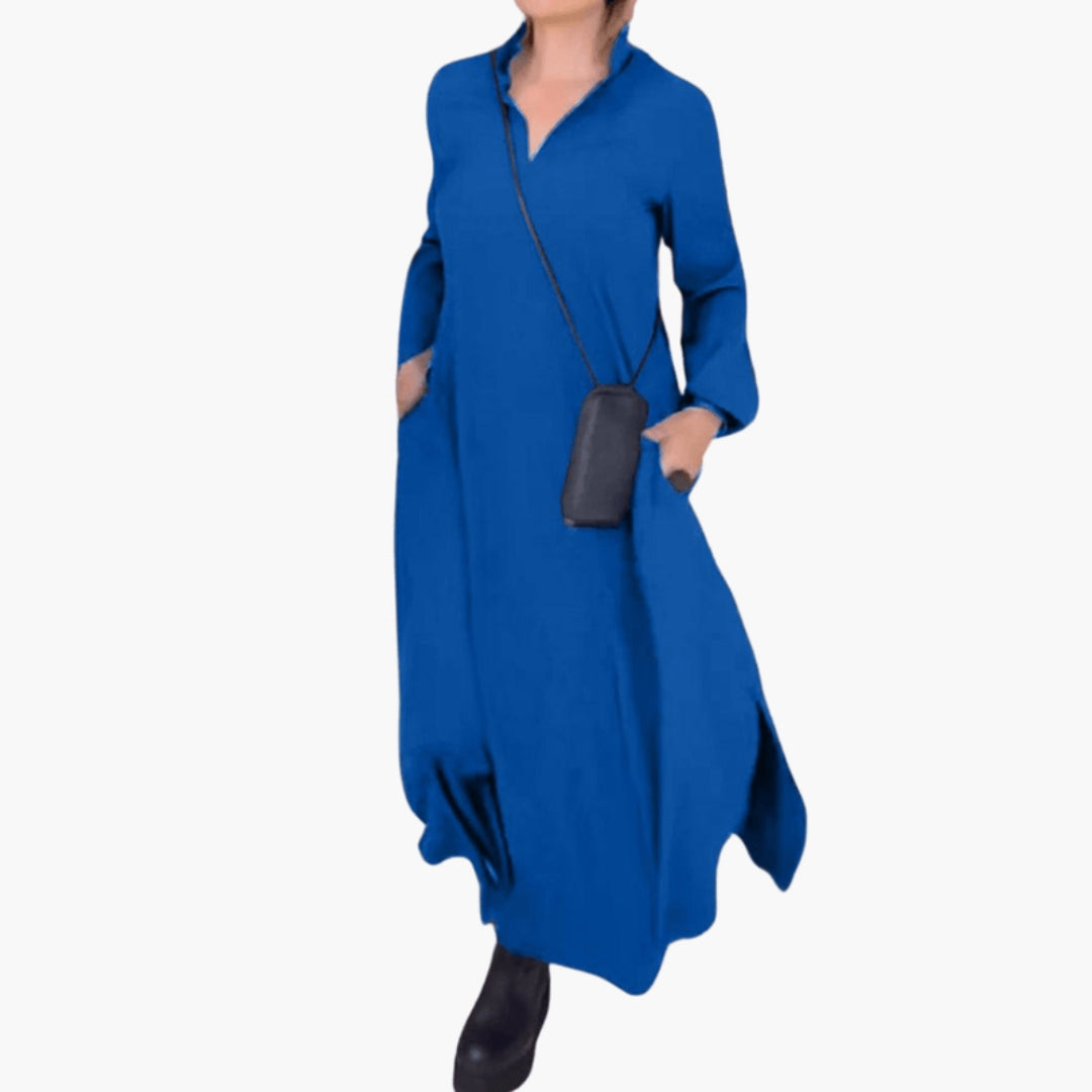 Vestido largo para mujer con cuello alto y bolsillos laterales