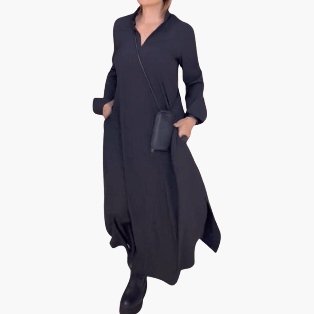 Vestido largo para mujer con cuello alto y bolsillos laterales