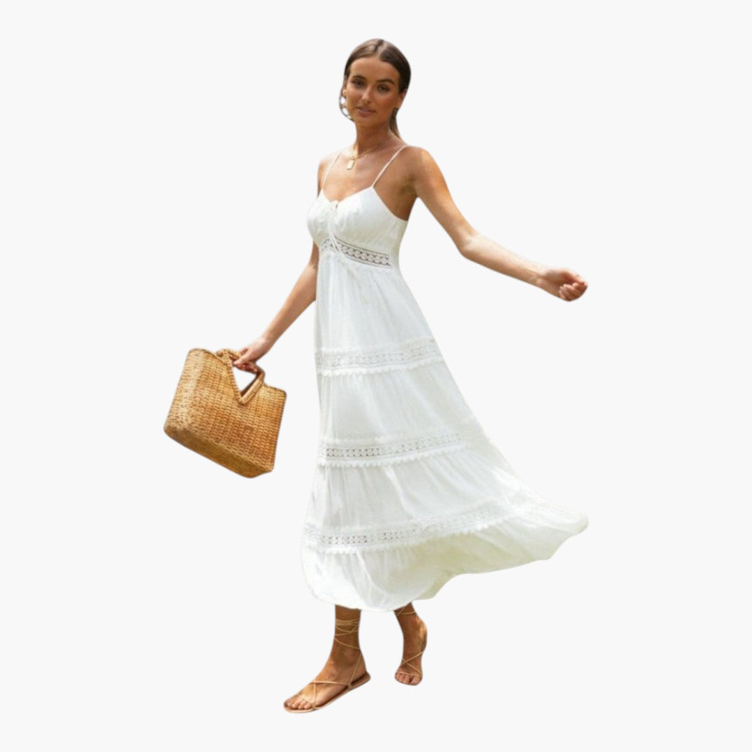 Robe Maxi Femme a Bretelles Spaghetti et Ourlet à Volants