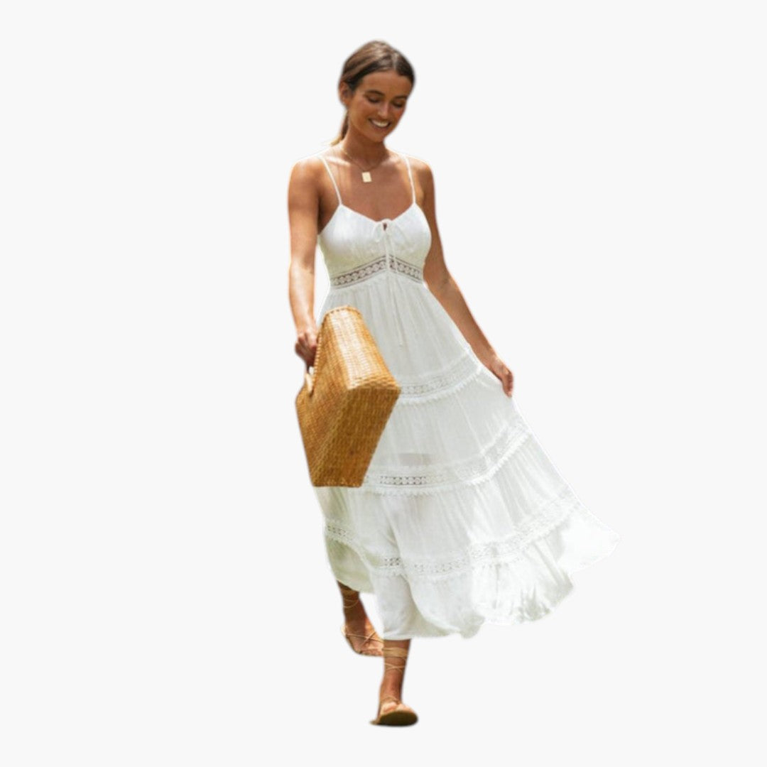 Robe Maxi Femme a Bretelles Spaghetti et Ourlet à Volants