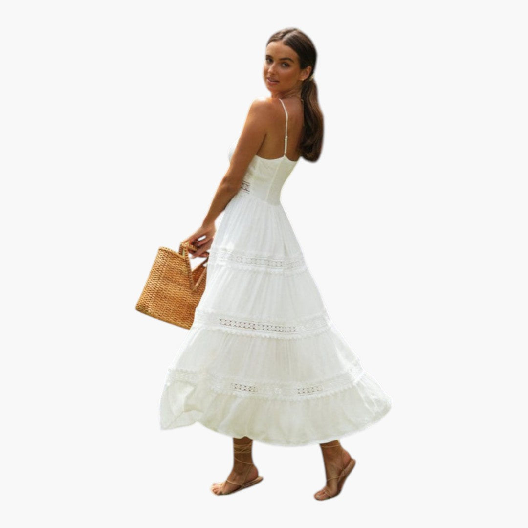 Robe Maxi Femme a Bretelles Spaghetti et Ourlet à Volants