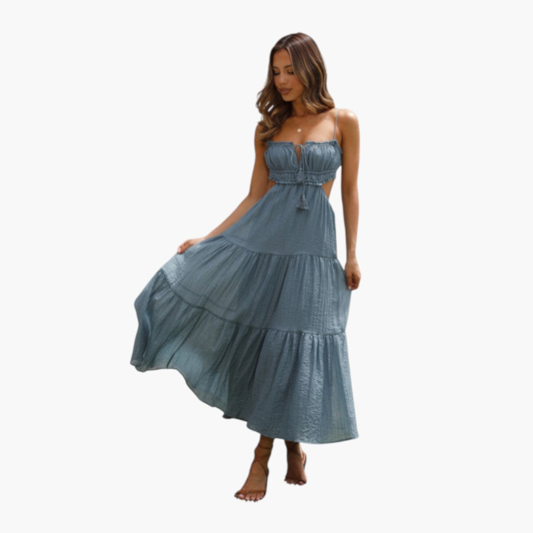 Maxikleid für Damen mit Trägern und mehrlagigem Volantrock