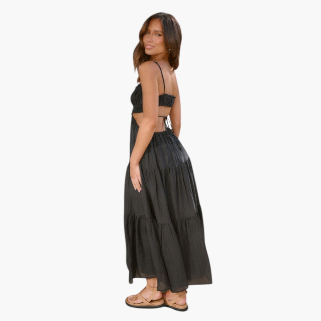 Maxikleid für Damen mit Trägern und mehrlagigem Volantrock