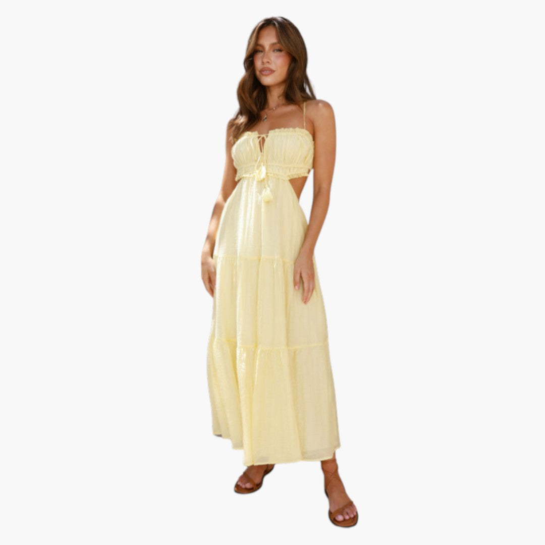 Maxikleid für Damen mit Trägern und mehrlagigem Volantrock