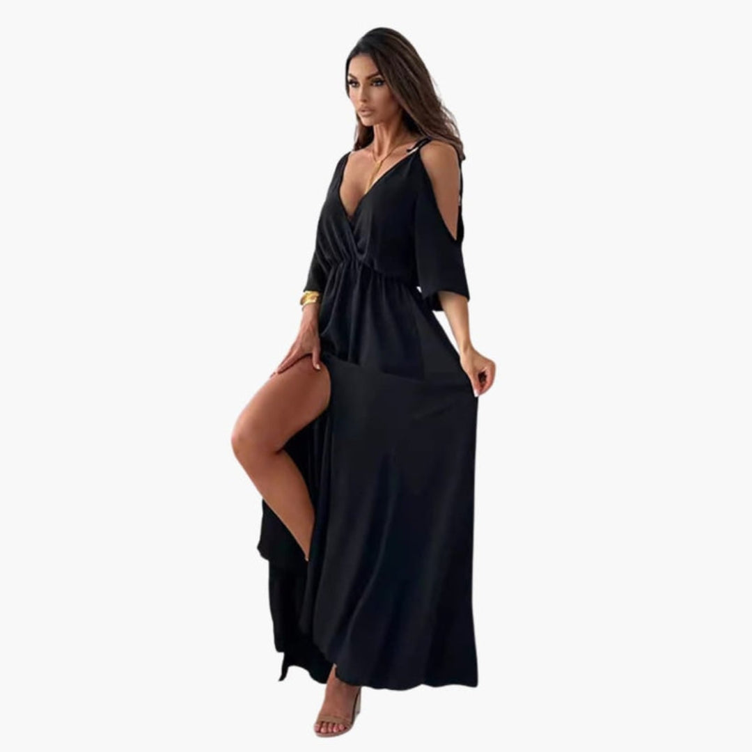 Vestido Maxi Mujer con Escote en V y Abertura Lateral