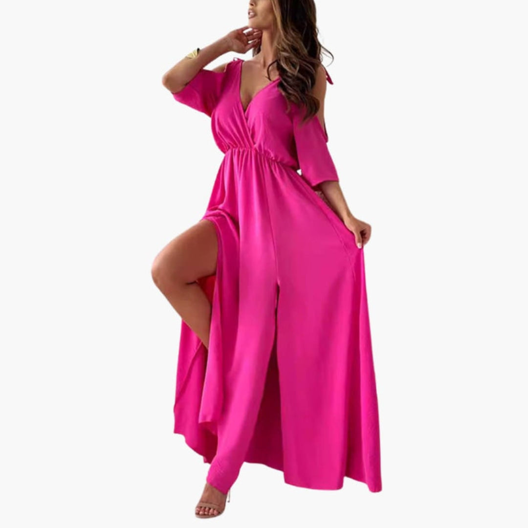 Vestido Maxi Mujer con Escote en V y Abertura Lateral
