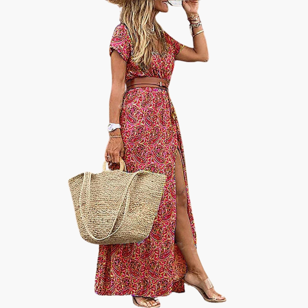 Robe Maxi Femme avec Encolure en V et Ceinture