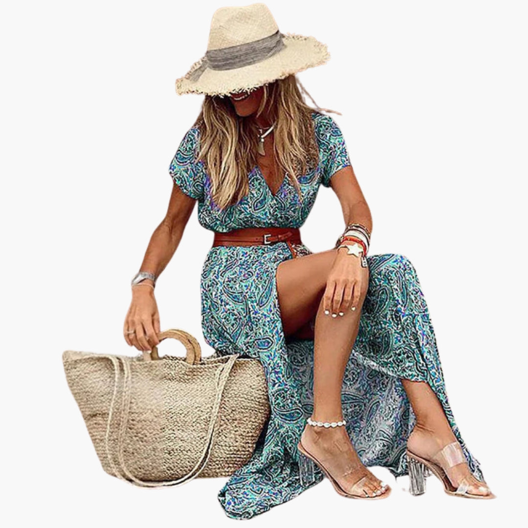 Robe Maxi Femme avec Encolure en V et Ceinture