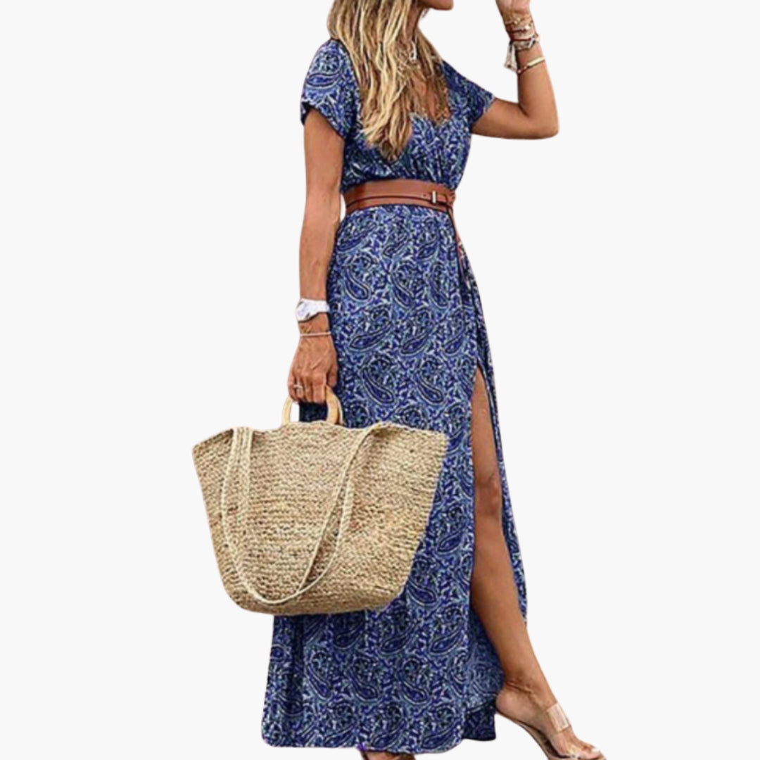 Robe Maxi Femme avec Encolure en V et Ceinture