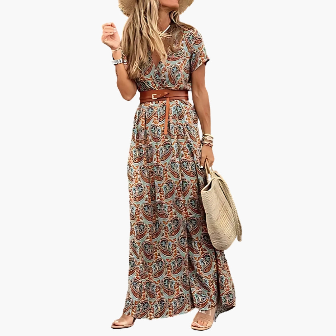 Robe Maxi Femme avec Encolure en V et Ceinture