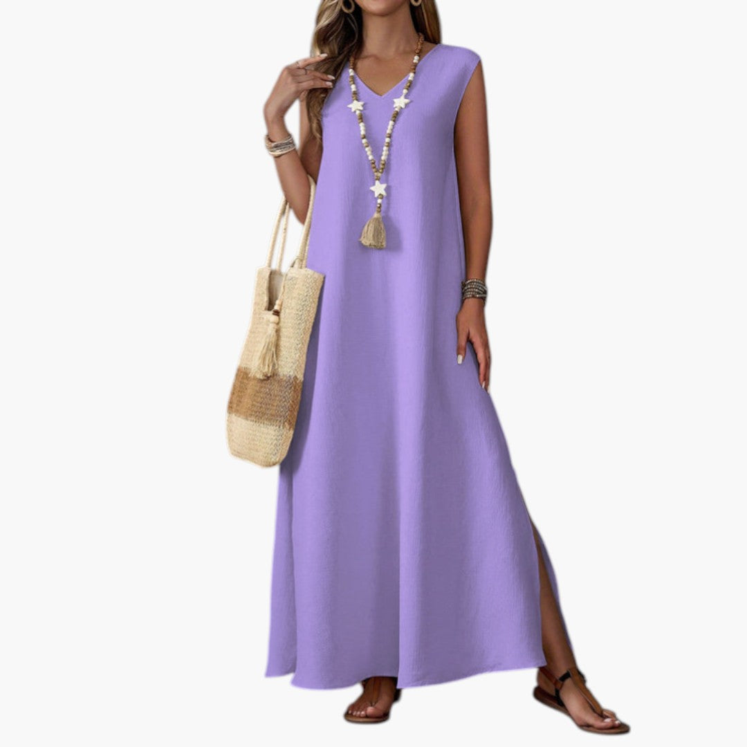 Robe Maxi de Plage Femme avec Col V et Fente Latérale