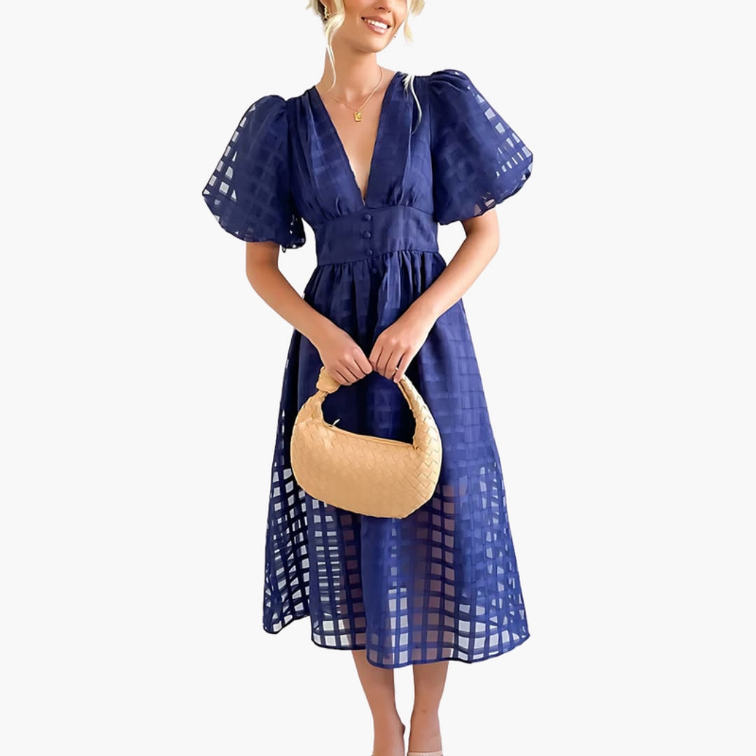 Robe Midi Femme Motif Carreaux avec Manches Bouffantes