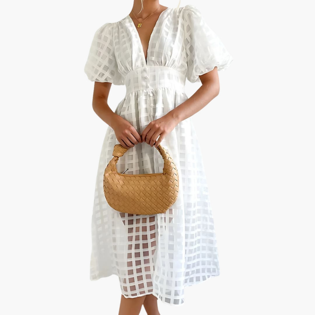 Robe Midi Femme Motif Carreaux avec Manches Bouffantes