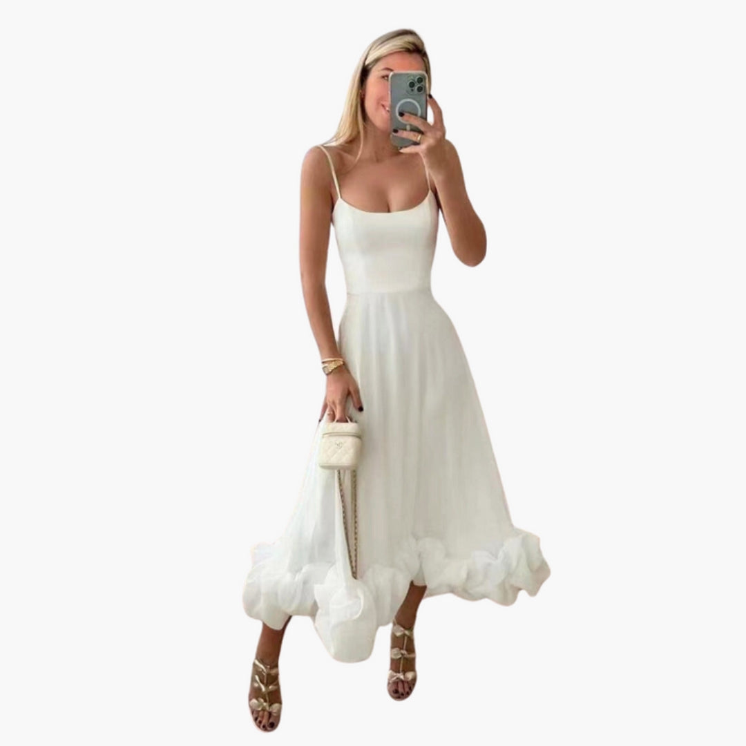 Robe Midi Femme à Bretelles Fines avec Ourlet à Volant