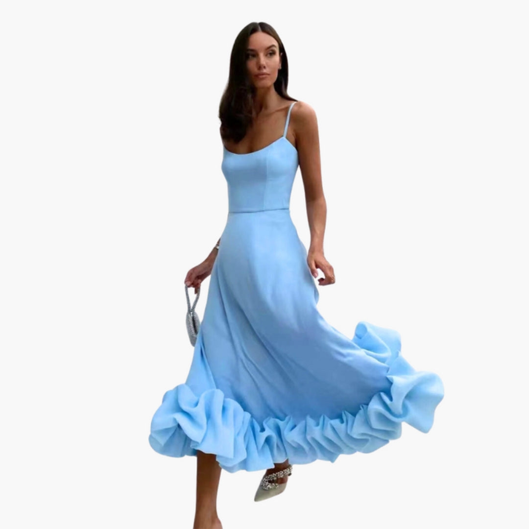 Robe Midi Femme à Bretelles Fines avec Ourlet à Volant