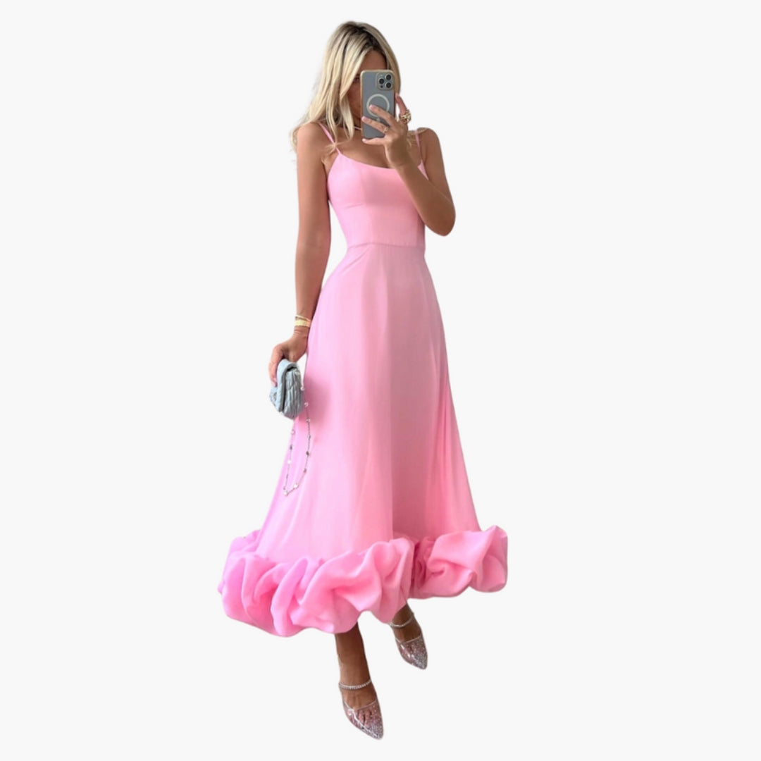 Robe Midi Femme à Bretelles Fines avec Ourlet à Volant