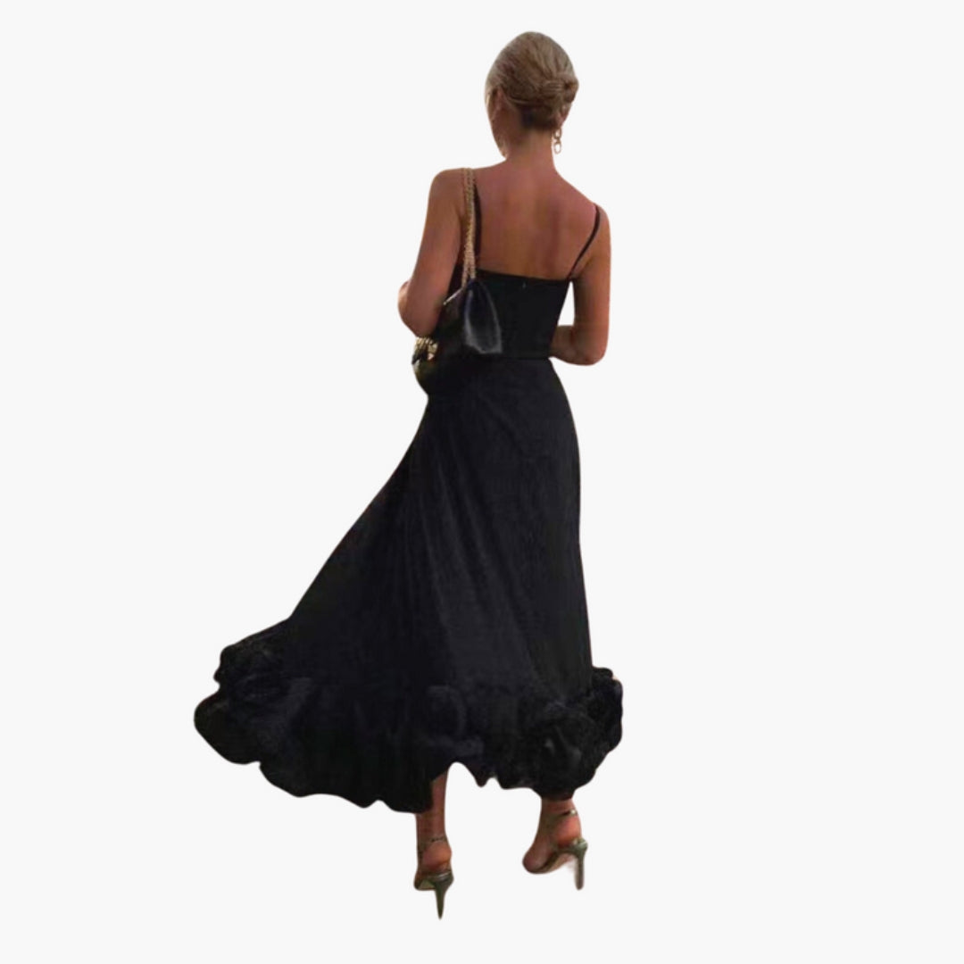Robe Midi Femme à Bretelles Fines avec Ourlet à Volant