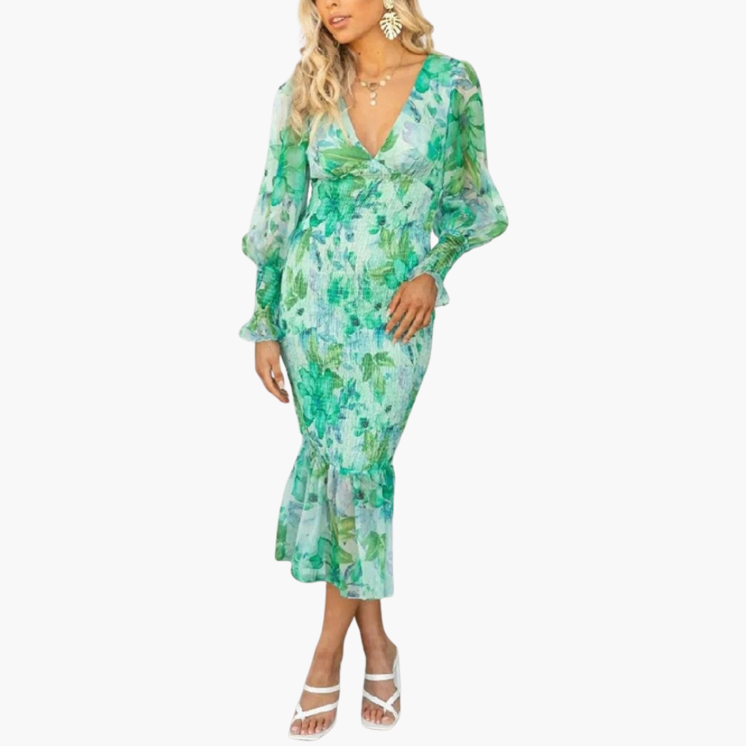 Robe Midi Femme à Motif Fleuri avec Manches Bouffantes
