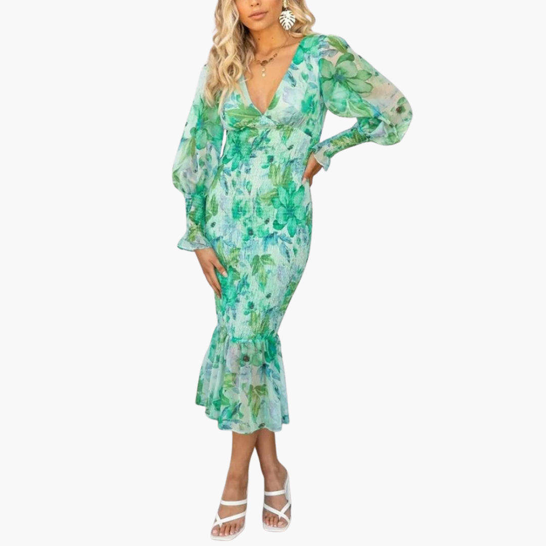 Robe Midi Femme à Motif Fleuri avec Manches Bouffantes