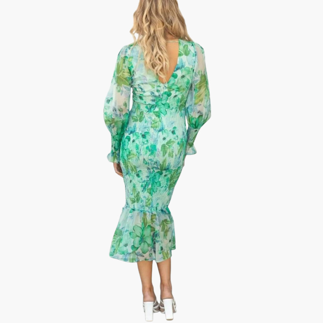 Robe Midi Femme à Motif Fleuri avec Manches Bouffantes