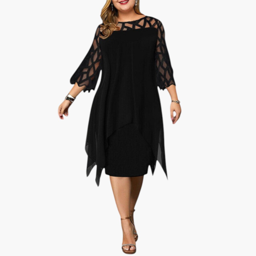 Vestido Midi Mujer con Cuello Redondo y Mangas con Recortes