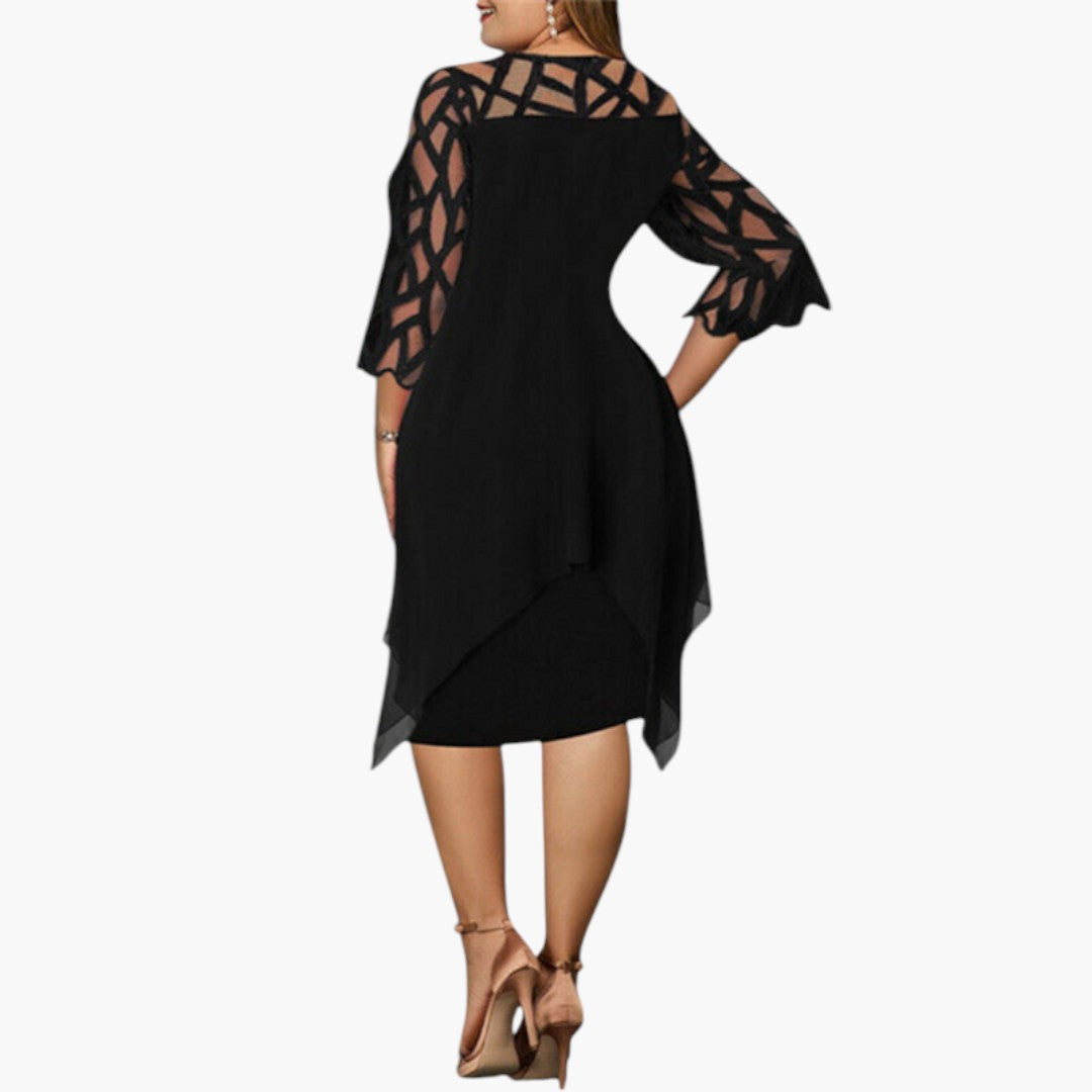 Vestido Midi Mujer con Cuello Redondo y Mangas con Recortes