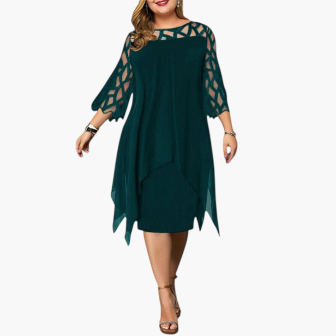 Vestido Midi Mujer con Cuello Redondo y Mangas con Recortes