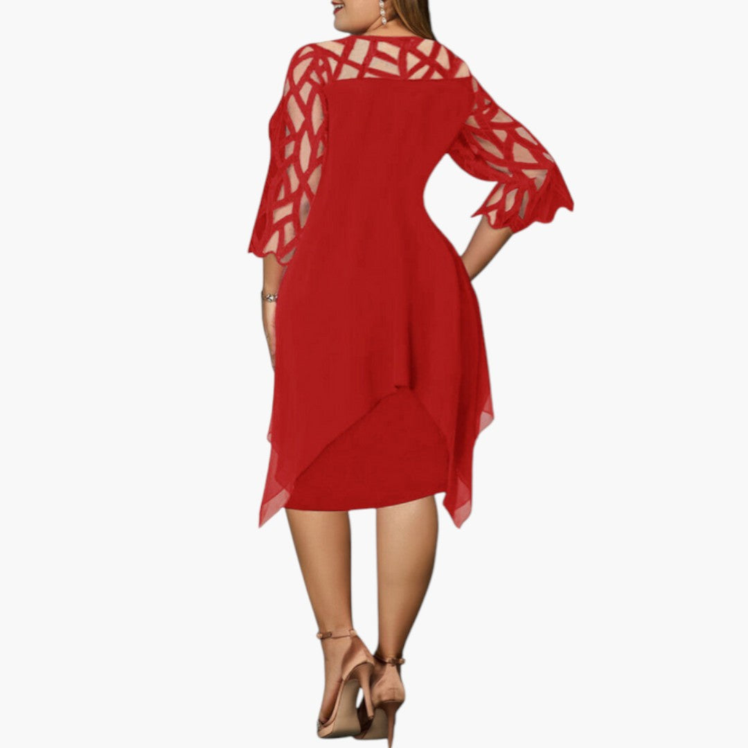 Vestido Midi Mujer con Cuello Redondo y Mangas con Recortes