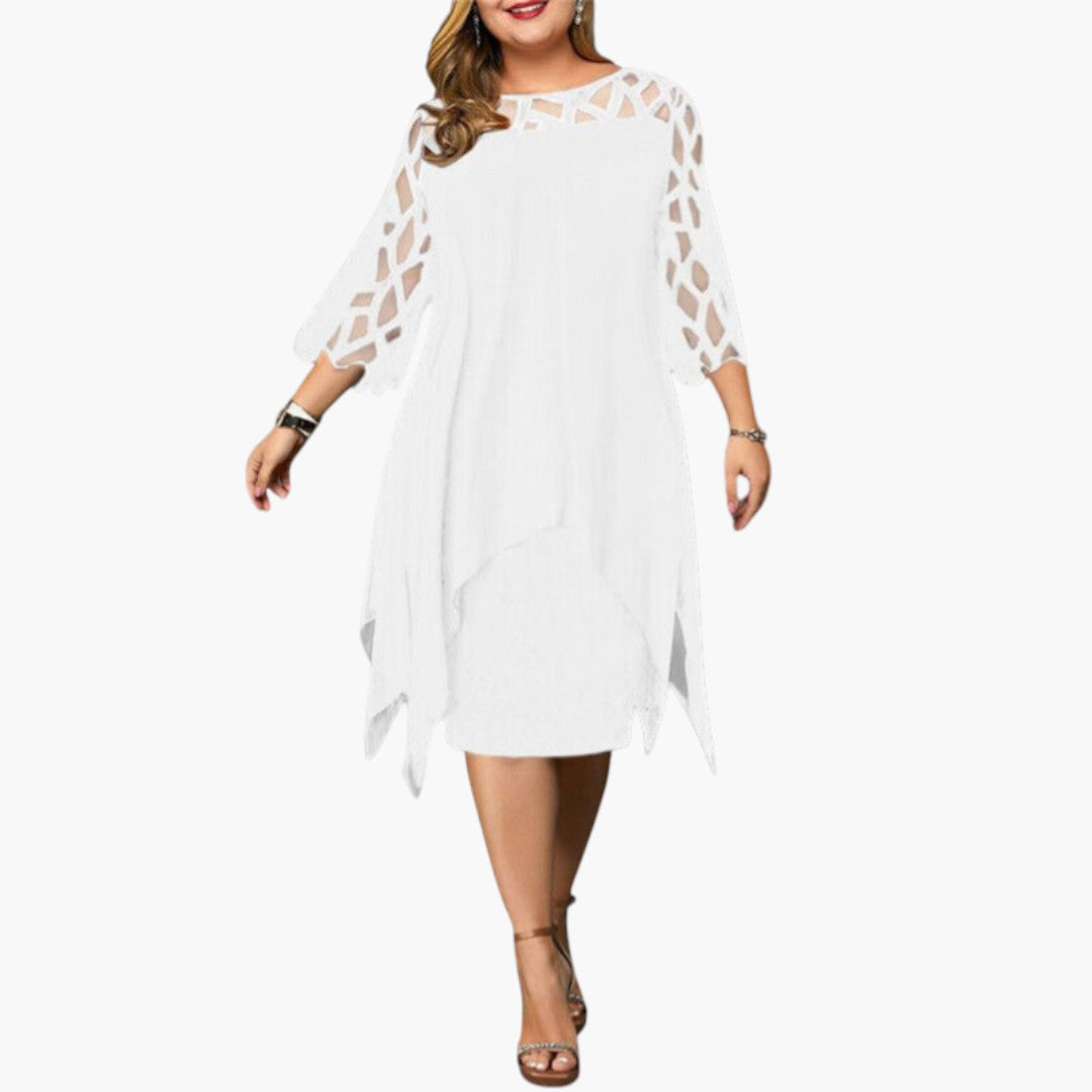 Vestido Midi Mujer con Cuello Redondo y Mangas con Recortes