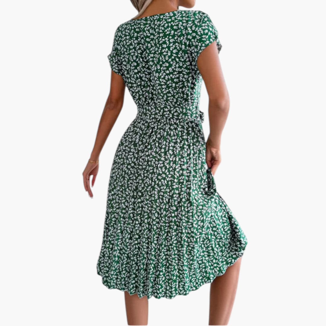 Robe Midi Femme avec Manches Courtes et Taille à Nouer
