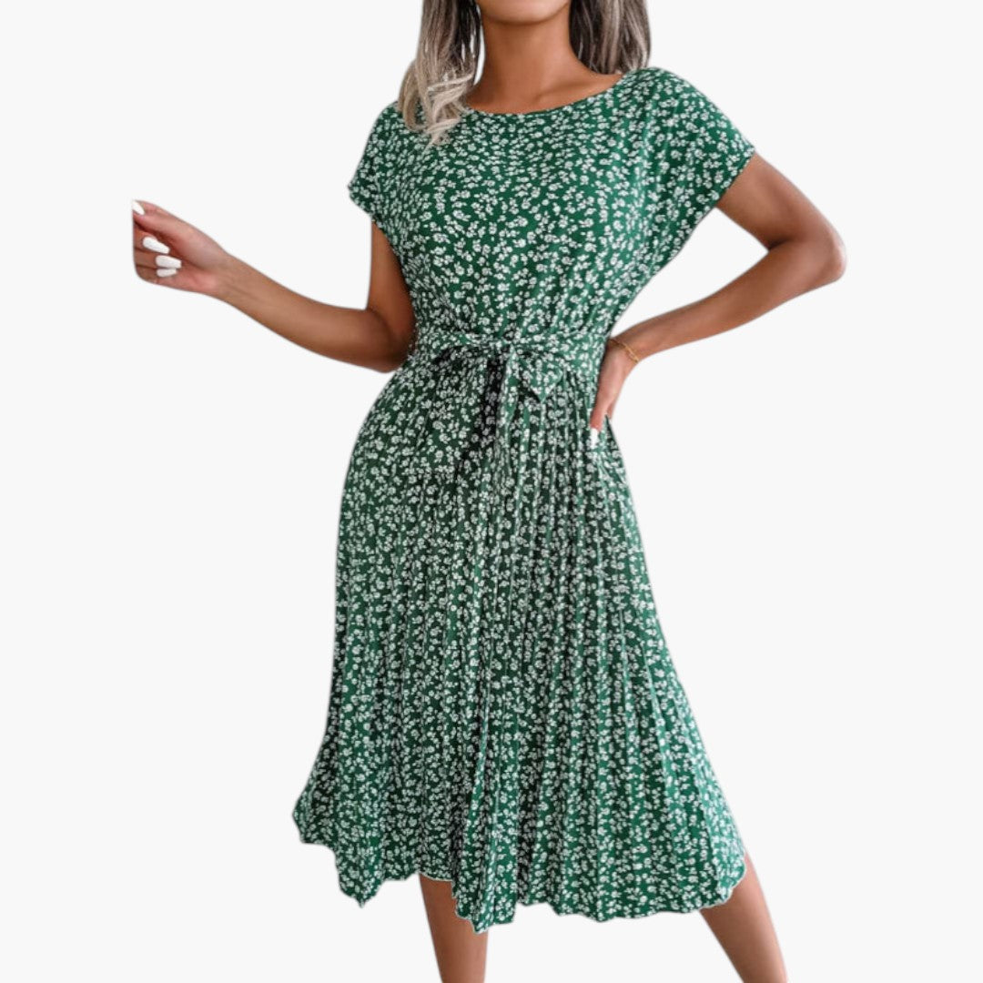 Robe Midi Femme avec Manches Courtes et Taille à Nouer