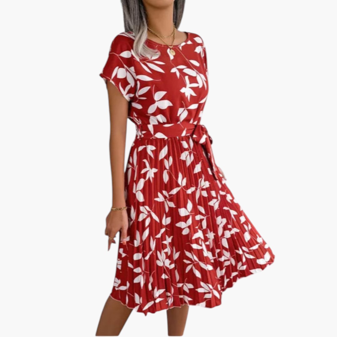Robe Midi Femme avec Manches Courtes et Taille à Nouer