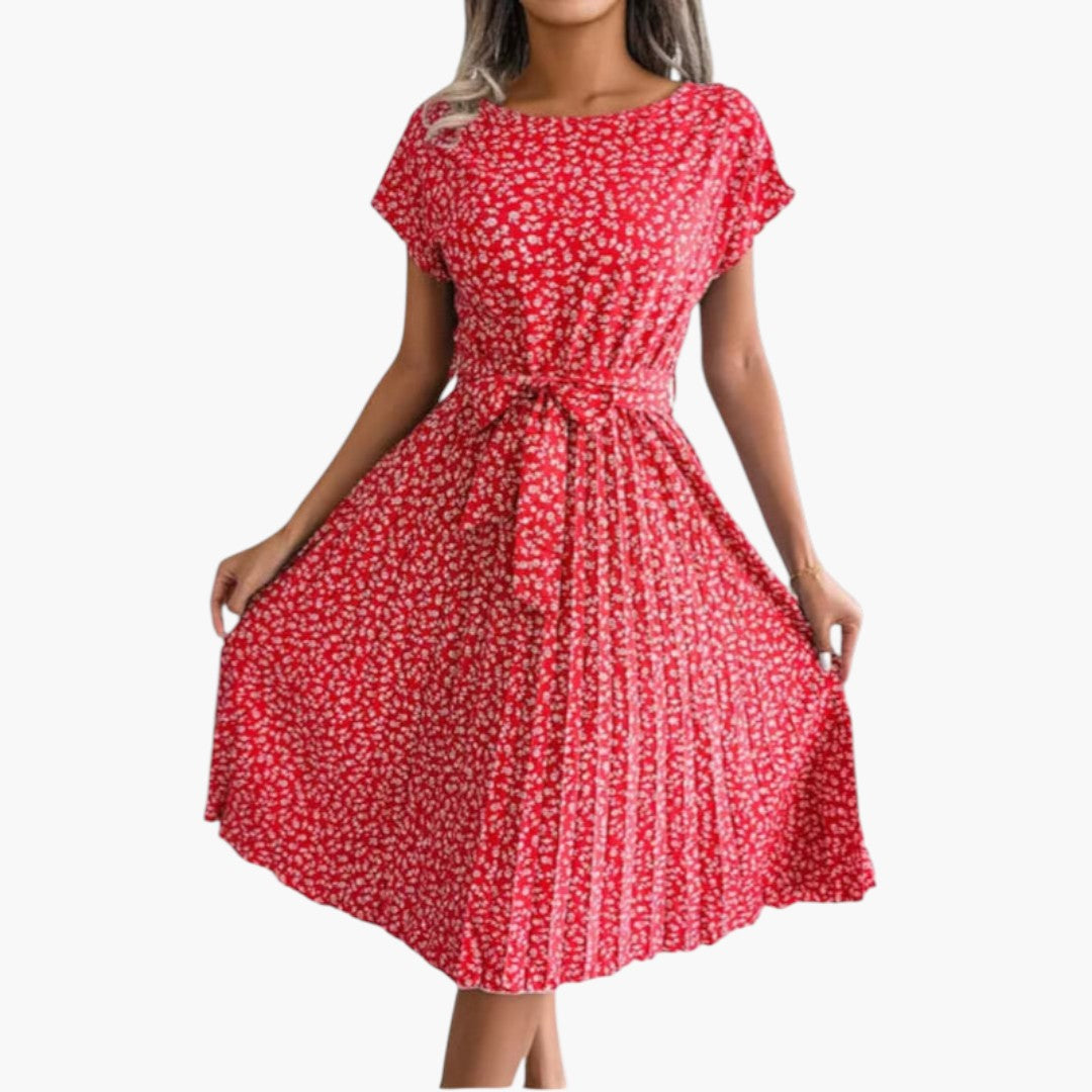 Robe Midi Femme avec Manches Courtes et Taille à Nouer