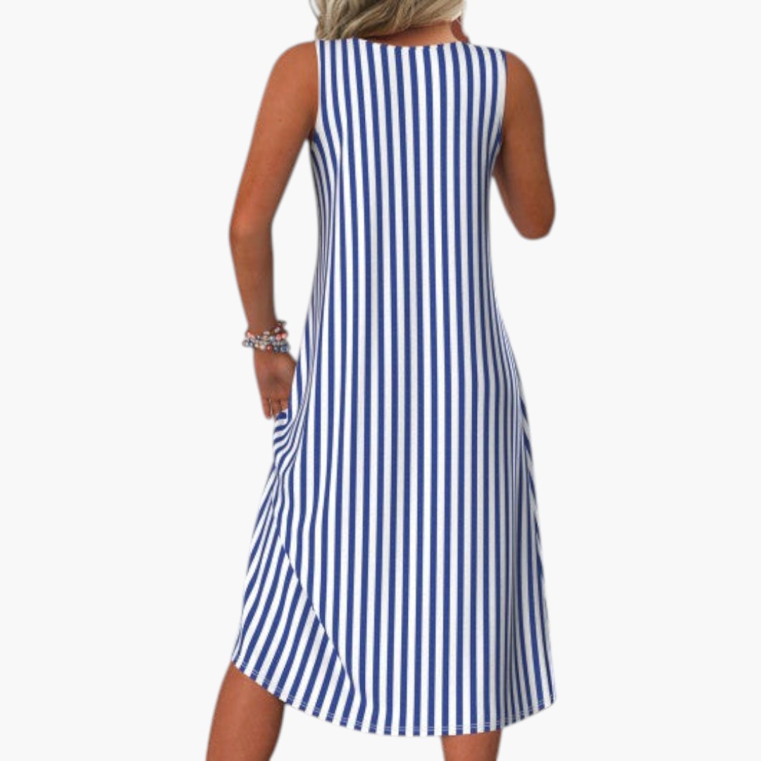 Robe Midi Femme sans Manches avec Motif Rayé et Coupe Ajustée