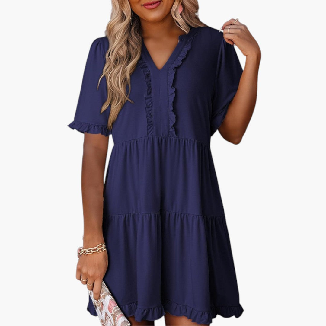 Mini-Kleid für Damen mit V-Ausschnitt und Rüschensaum