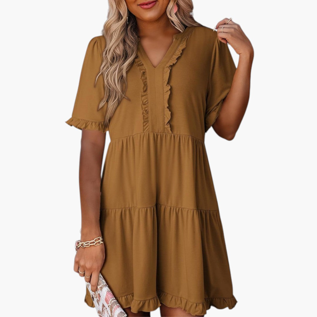 Mini-Kleid für Damen mit V-Ausschnitt und Rüschensaum