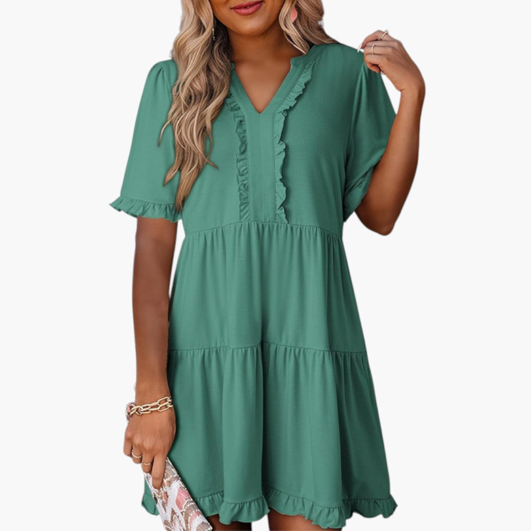 Mini-Kleid für Damen mit V-Ausschnitt und Rüschensaum
