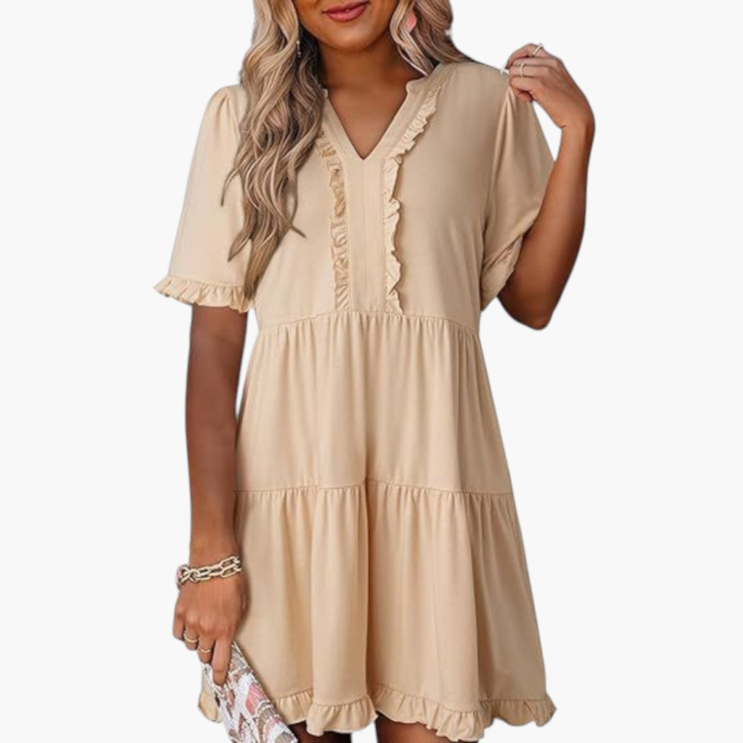 Mini-Kleid für Damen mit V-Ausschnitt und Rüschensaum