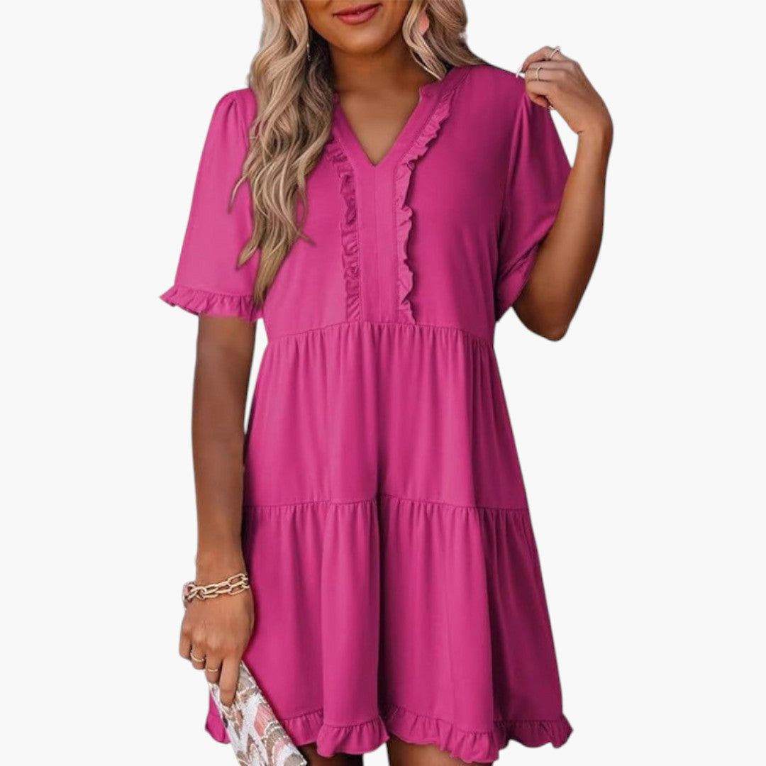 Mini-Kleid für Damen mit V-Ausschnitt und Rüschensaum