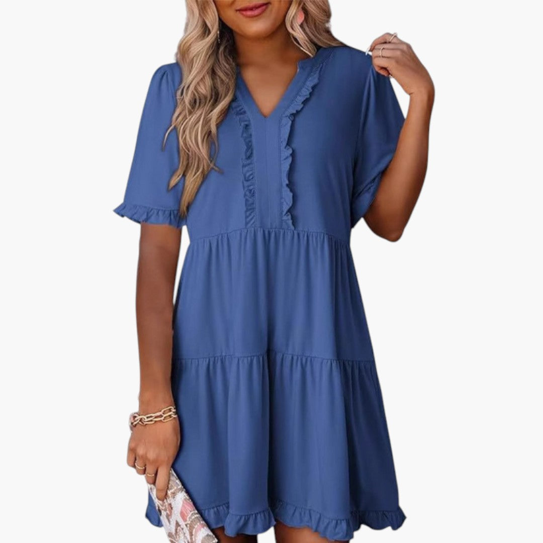 Mini-Kleid für Damen mit V-Ausschnitt und Rüschensaum