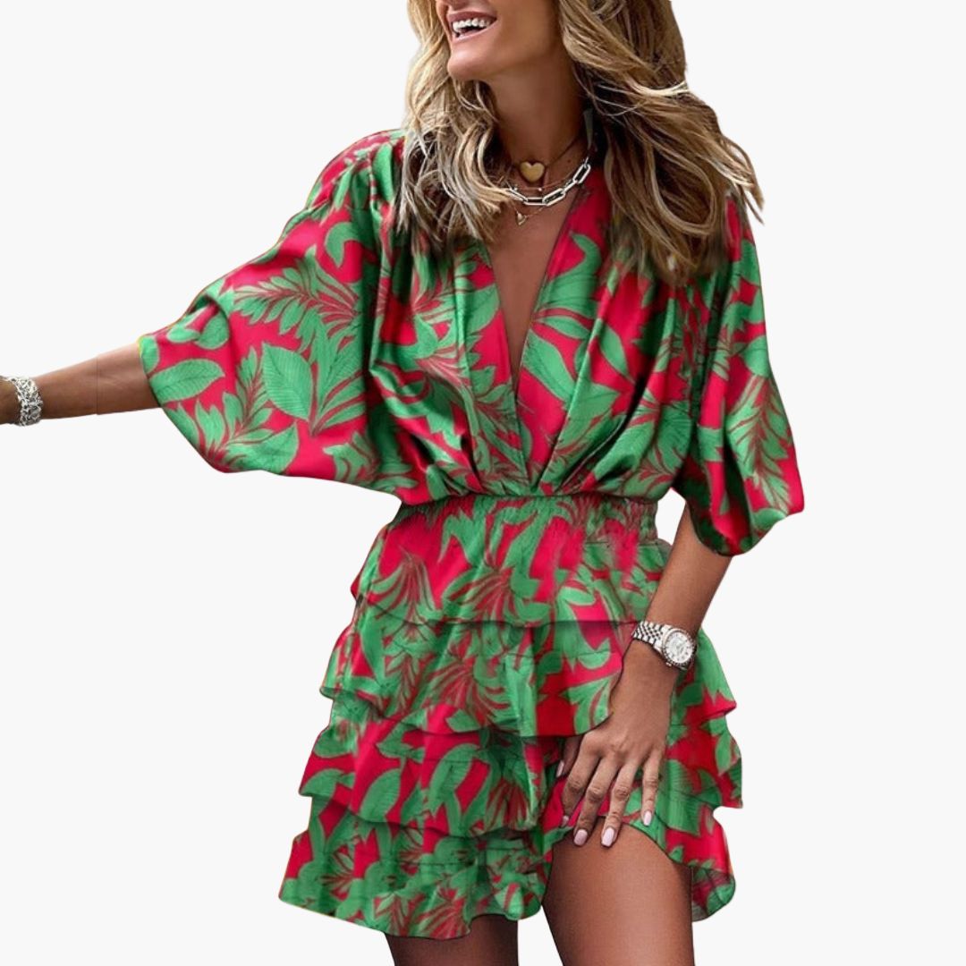 Women's Mini Dress with Shirt Collar and Elastic Waist