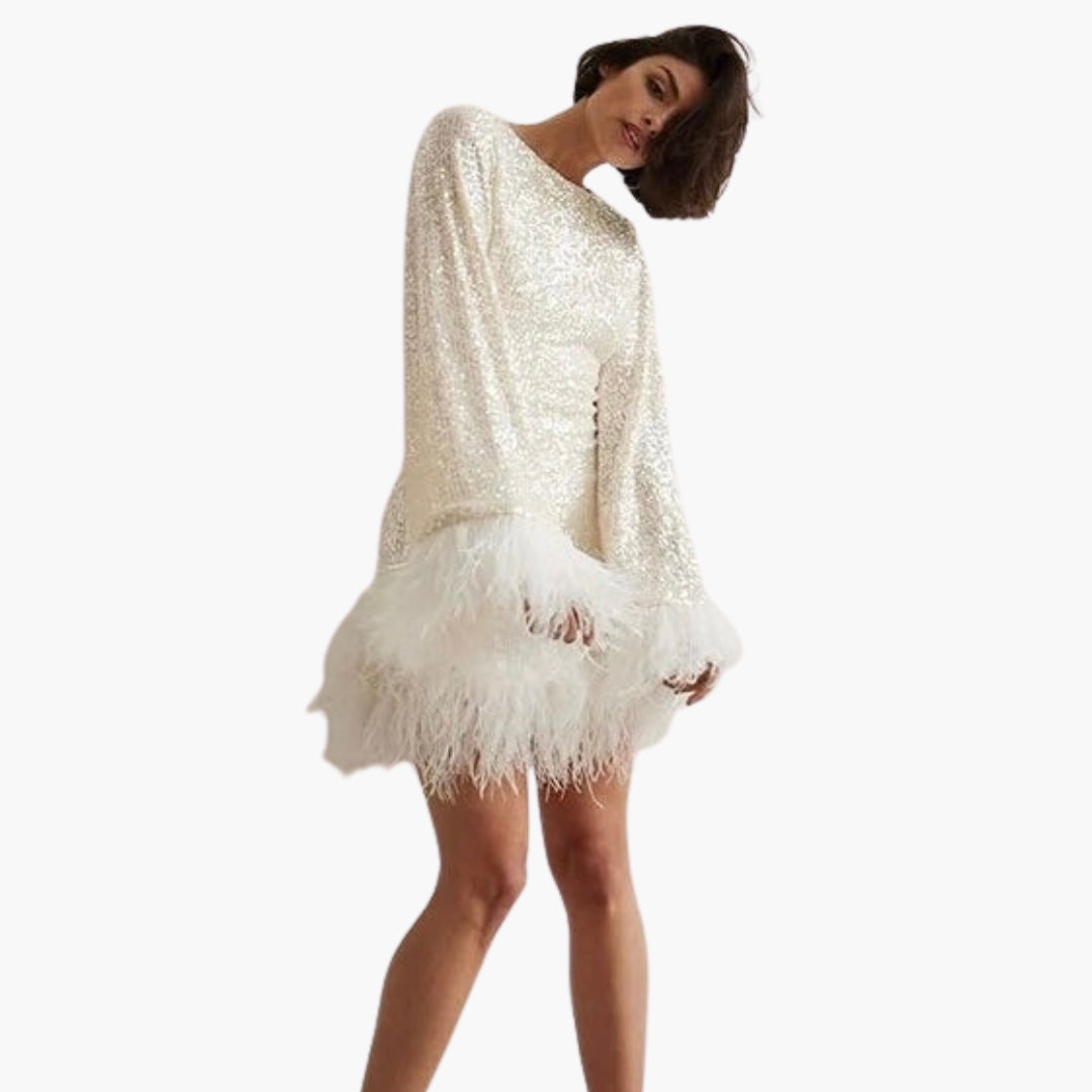 Robe de soirée femme avec sequins et finitions à plumes