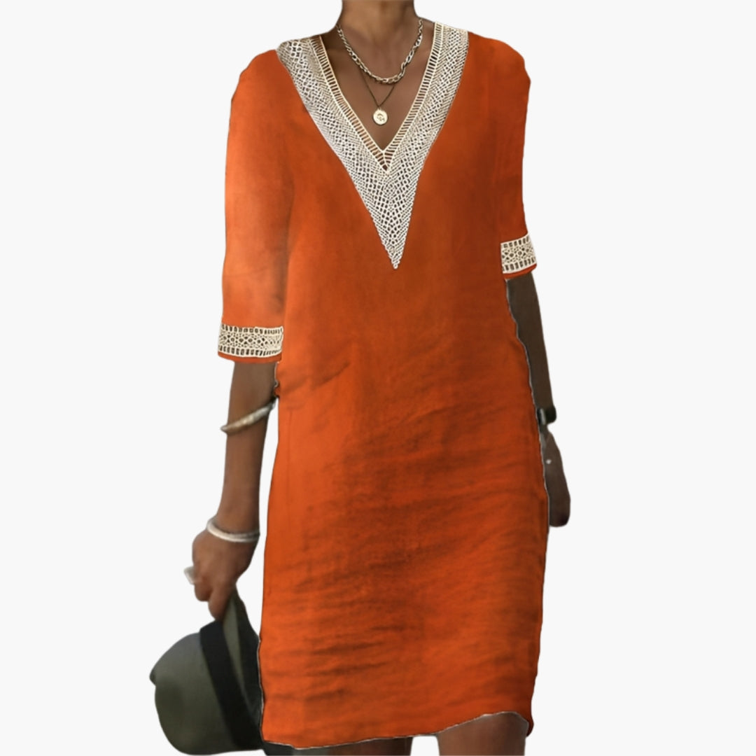 Damenkleid mit V-Ausschnitt und Spitzenverzierung