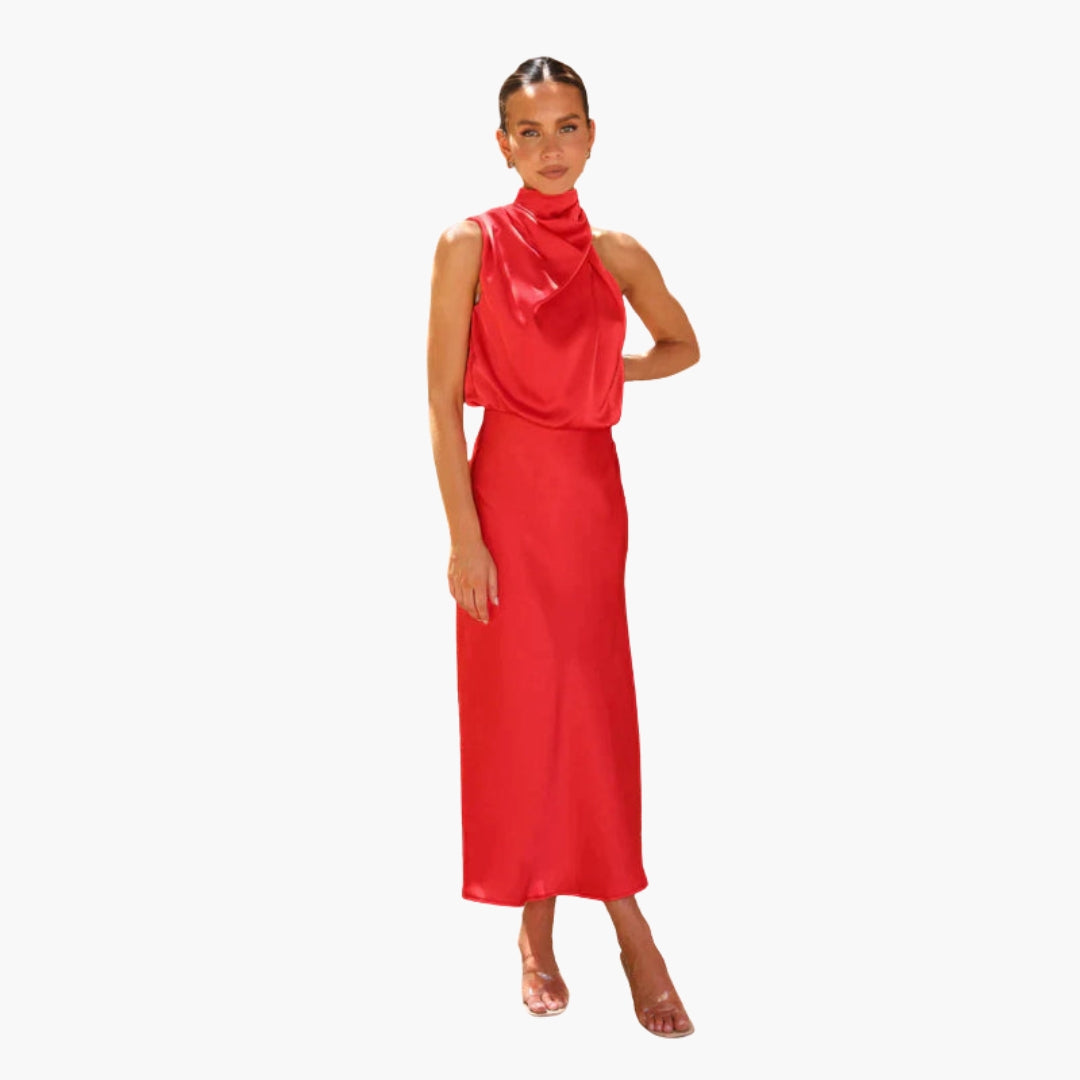 Long dress for women with draped neckline