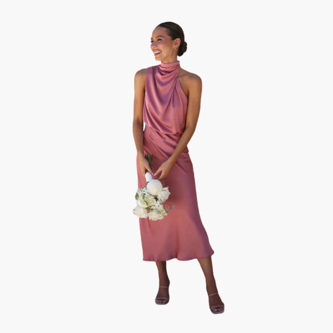 Long dress for women with draped neckline